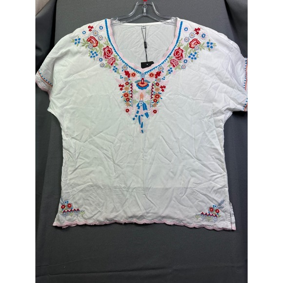 Gracy White Embroidered Floral Boho V-Neck Blouse Short Sleeve Top Women Medium - Picture 3 of 10